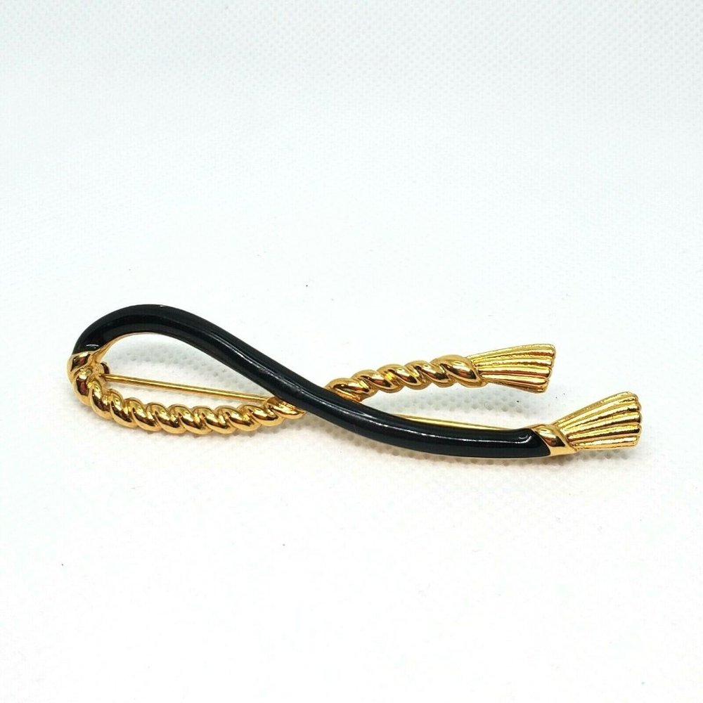 Vintage Signed Monet Gold Tone Black Enamel Twisted Sash Pin Brooch